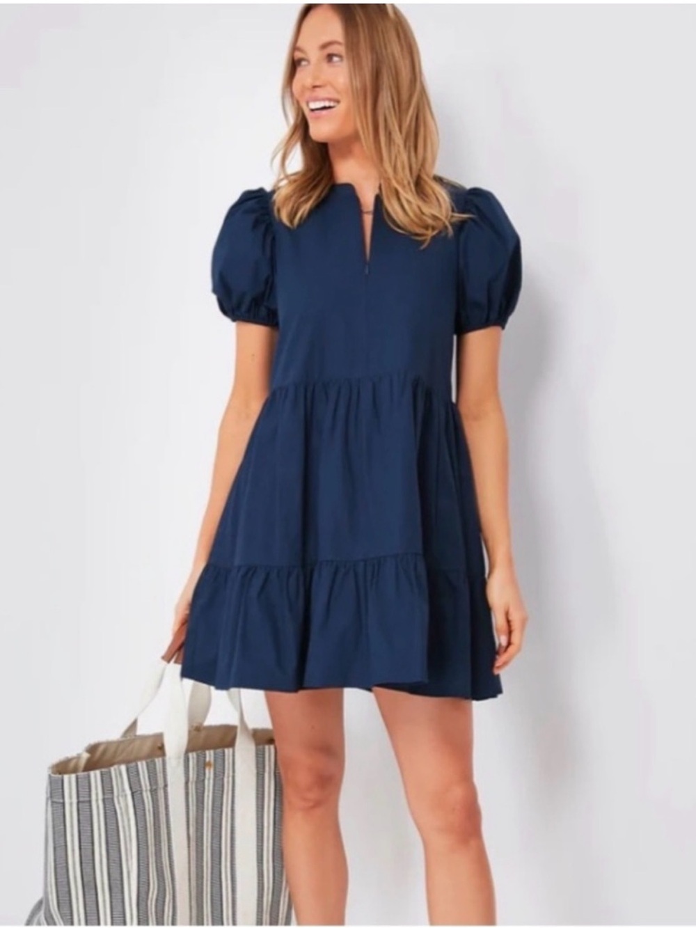Hyacinth House Ellie Puff Sleeve Zip Front Mini Dress Navy S